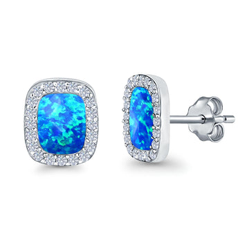 Halo Princess Stud Earrings Lab Created Blue Opal 925 Sterling Silver (14mm)